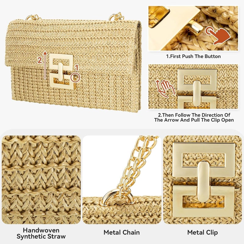 Gets Straw Clutch Purse for Women, Woven Beach Bag Summer Corssbody Purse Small Rattan Shoulder Bag for Travel | Hand-woven, Summer Beach, Envelope, Hand-woven, Summer Beach, Envelope - Image 5